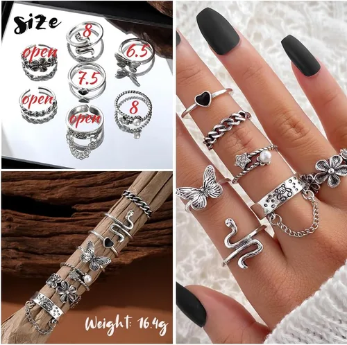 Vista 6 de ZOVOLI Juego de anillos de nudillos plateados vintage para mujeres y adolescentes, paquete de anillos góticos geniales, 28 piezas apilables de moda