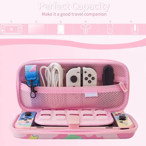 Vista 3 de Cute Carrying Case for Nintendo Switch OLED, Pink Travel Carry Bag for Star, Accessories with Protective Hard Shell, HD Screen Protector, Adjustable