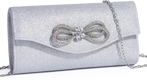 Vista 15 de Bolso de noche para mujer, con lazo de cristal brillante, con solapa, bolso de mano para mujer, boda, fiesta, baile de graduación