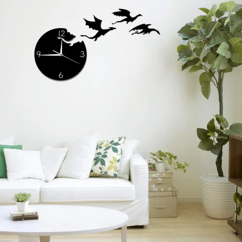 Vista 5 de The Geeky Days Reloj de pared de dragón de fantasía enojado mágico volador abstracto gótico cuento de hadas dragón arte de pared cuarzo analógico