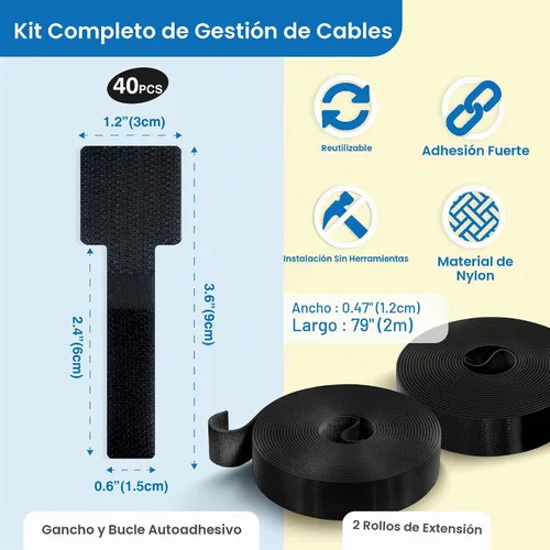Vista 2 de Kit de gestión de cables – 40 sujetadores autoadhesivos de gancho y bucle con 2 correas de extensión – Fabricado con cinta 3M, organizador de cables
