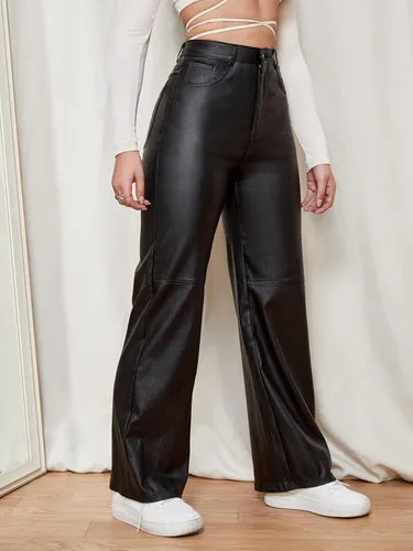 Vista 3 de WDIRARA Pantalones largos con bolsillo inclinado y pierna recta, de alta elasticidad, con aspecto de cuero, para mujer