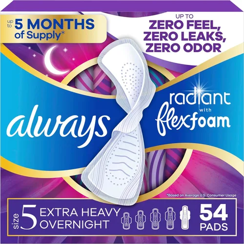 Vista 13 de Always Radiant Toallas Femeninas para Mujeres, Toallas Flexfoam con Alas, Tamaño 5, Absorción Extra Fuerte para la Noche, Ligeramente Perfumadas, 26