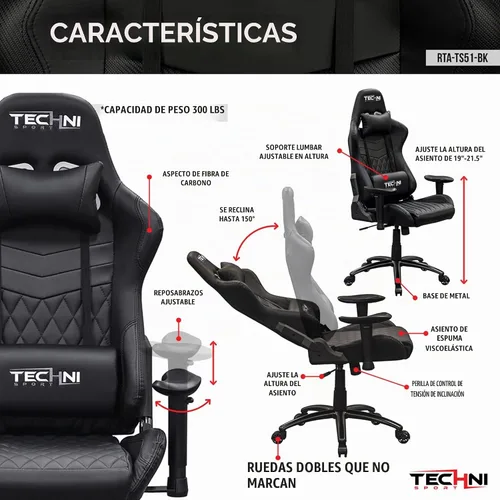 Vista 4 de Techni Sport RTA-TS51-BK - Silla para juegos, color negro Adjustable lumbar support, adjustable armrests, carbon fiber look, 300 lb capacity
