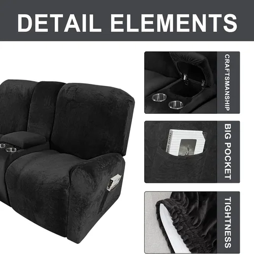 Vista 3 de Aedlcal Funda reclinable para sofá biplaza, funda de sofá reclinable elástica de terciopelo de 8 piezas con consola central, funda de sofá Negro