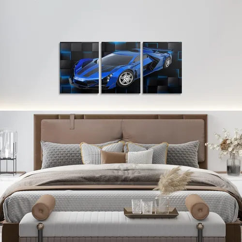 Vista 4 de Feelyou Cuadro azul de carreras para pared, 12 x 16 pulgadas, 3 piezas de autos deportivos de velocidad, lienzo para decoración de pared, diseño