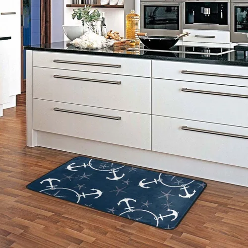 Vista 4 de Alfombras de cocina retro con diseño náutico, diseño azul marino, antideslizantes, suaves, tapetes de cocina, tapetes de baño, alfombra