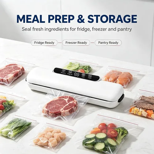 Vista 7 de Máquina selladora al vacío de alimentos con 25 bolsas, potencia de succión de 65 kPa, máquina de sellado al vacío, automática compacta de un solo