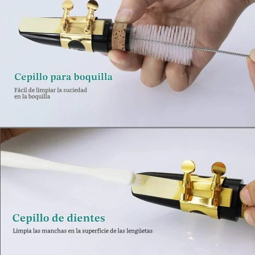 Vista 6 de Kit de limpieza de cuidado de limpiador de saxofón, kit de mantenimiento, aceite de clave, grasa de corcho, hisopo, paño de limpieza, reposamuñecas