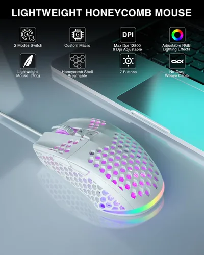 Vista 2 de SM900 - Mouse para juegos con cable blanco con carcasa de panal, 12800 DPI, 7 botones programables, mouse ergonómico ligero