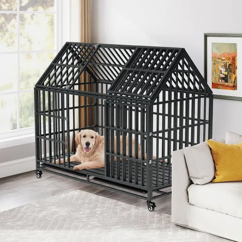Vista 10 de Jaula indestructible para perros con divisor – Perrera de interior resistente de 52 pulgadas para perros grandes, jaula de acero XL con doble