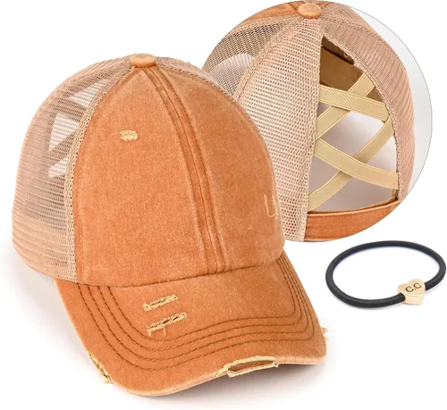 Vista 30 de C.C Gorra de béisbol de malla con diseño de estrella brillante, gorra de camionero ajustable para moño o cola de caballo Una banda elástica-negro