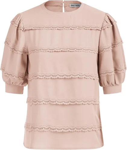Vista 5 de GRACE KARIN Blusa de trabajo para mujer, casual, manga corta, abombada, con encaje, ajuste holgado