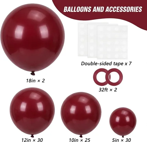 Vista 2 de RUBFAC Globos burdeos, 87 piezas de diferentes tamaños de 18, 12, 10, 5 pulgadas, kit de arco de globos de látex granate, guirnalda para cumpleaños