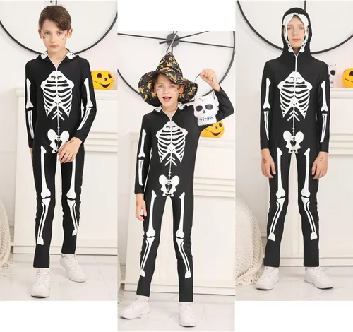 Vista 4 de Lovekider Disfraz de esqueleto para niños que brillan en la oscuridad para Halloween, overol aterrador para niños y niñas, overol de cosplay