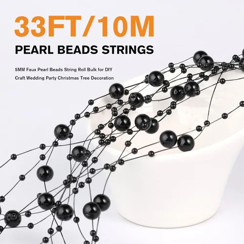 Vista 2 de Cadikez Cadena de 98 pies de cuentas de perlas, rollo de cuentas de perlas de imitación negras de 8 mm y 3 mm a granel para decoración de flores