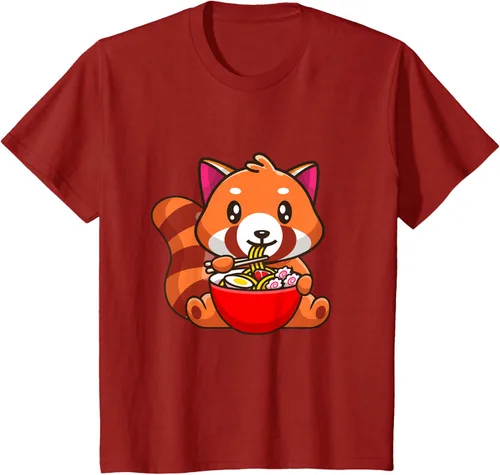 Vista 41 de Camiseta Kawaii Anime Red Panda Eating Ramen Noodles, Negro, S