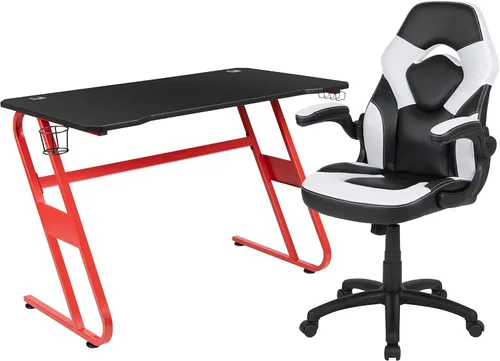 Vista 2 de Flash Furniture - Juego de escritorio para juegos y sillas reclinables de color blanco y negro con soporte para taza y gancho para auriculares.