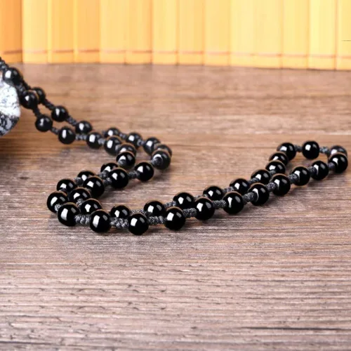 Vista 2 de Sánscrito de obsidiana genuina tallada a mano collar de Buda inamovible, collar de amuleto, Obsidiana