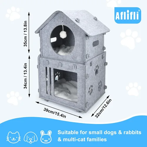 Vista 8 de Casa desmontable de 2 plantas para gatos de interior, camas cubiertas y muebles con acolchado lavable, bonito condominio moderno para mascotas