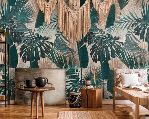 Vista 2 de CONCORD WALLCOVERINGS ™ Papel tapiz floral para dormitorio, hojas de palmera, beige, azul y verde, 63 pulgadas de ancho x 110 pulgadas de alto, 3