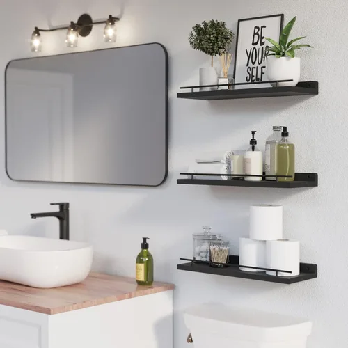 Vista 2 de WOPITUES Estantes flotantes con barandilla de metal negro, estantes para decoración de pared, juego de 3, estantes de pared para dormitorio, baño