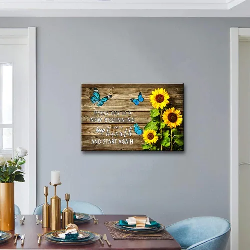 Vista 7 de WHAOMIOT Póster de lienzo con citas inspiradoras de mariposa azul con girasoles "Every Day Is A New Beginning", fotos sin marco, 24 x 16 pulgadas