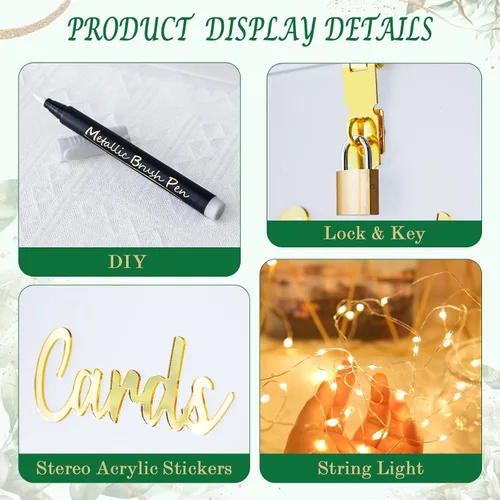 Vista 4 de OurWarm Caja de tarjetas de boda de acrílico esmerilado con cerradura, caja de tarjeta de regalo para boda con tira de luz y bolígrafo, caja