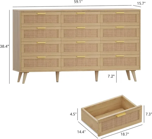 Vista 2 de Rovaurx Cómoda doble de 12 cajones para dormitorio, cómoda de ratán, cómoda de madera moderna con asas doradas, mesa auxiliar para armario, sala