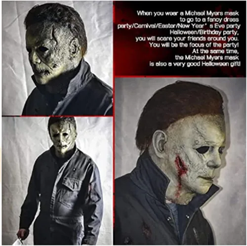 Vista 4 de Michael Myers - Máscara original de miedo para adultos máscara de látex de Halloween 2021 para cosplay graduación disfraz de Michael Myers 2021-oro