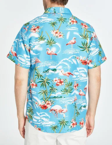 Vista 5 de SSLR Paquete de camisa hawaiana para hombre, camisa de manga corta con flamenco casual con botones, camisa de playa de verano