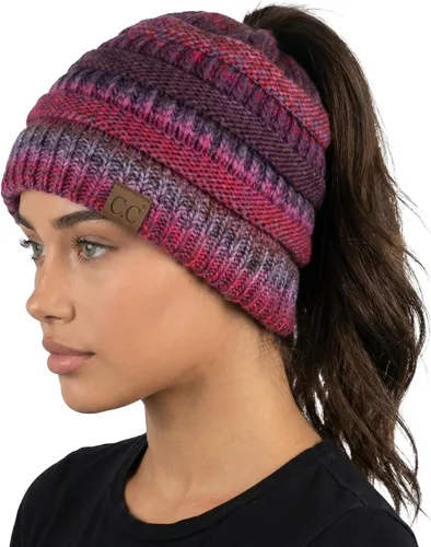 Vista 22 de Funky Junque Gorro de Cola de Caballo para Mujeres - Gorro de Invierno Ponyback Suave Elástico de Punto Trenzado Cola Alta Gorros para Correr