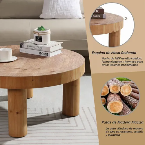 Vista 5 de RUSTOWN Mesa de centro redonda de 2 piezas con patas gruesas de madera
