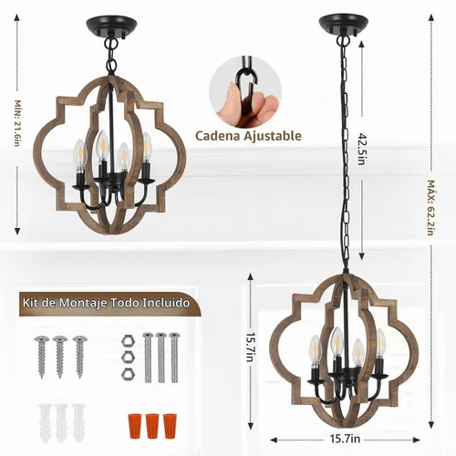 Vista 3 de Lámparas de araña de granja, lámparas de 4 luces para comedor sobre la mesa, lámparas de araña de madera maciza para comedor, lámparas rústicas