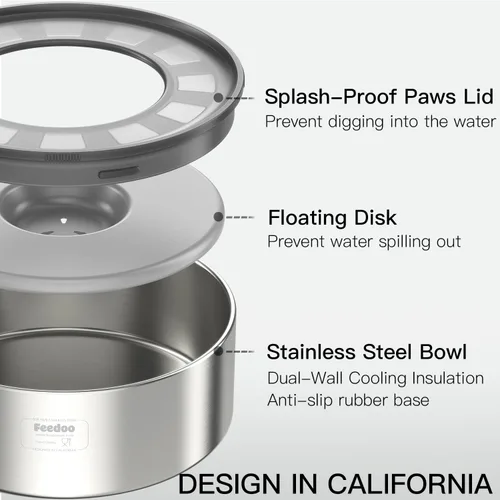 Vista 2 de Cuenco de agua antiderrames para perros, de acero inoxidable de doble pared con tapa a prueba de salpicaduras y disco flotante, base antideslizante