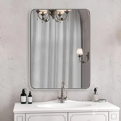 Vista 63 de Espejo de latón para baño, espejo rectangular redondeado de 22x30 pulgadas con marco de metal cepillado dorado, espejo de tocador de baño sin