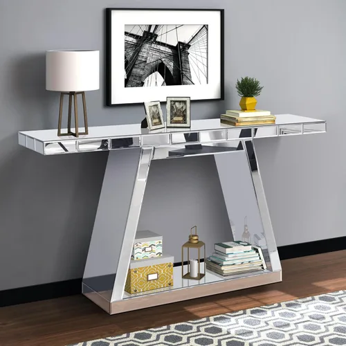 Vista 12 de Moderna mesa de consola plateada con espejo con 2 cajones de almacenamiento, escritorio rectangular de tocador, mesa de tocador de maquillaje