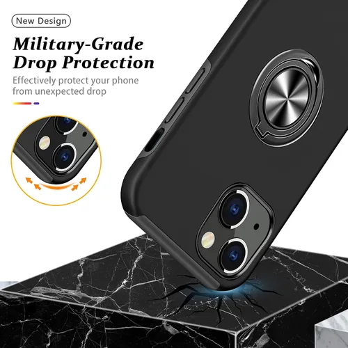 Vista 6 de Funda a prueba de golpes para iPhone 14 de 6.1 pulgadas, [anillo de dedo integrado] funda de teléfono de grado militar con soporte de metal Negro