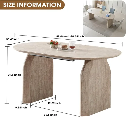 Vista 2 de Mesa de comedor ovalada extensible, mesa de cocina moderna de madera con parte superior de MDF y patas de pedestal dobles, mesa de 59.06 a 90.55