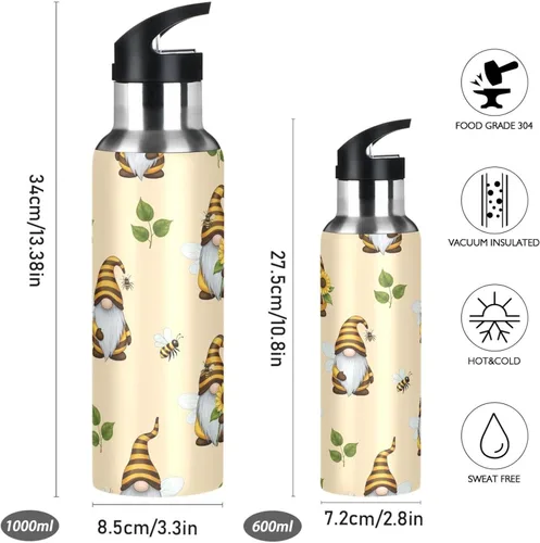Vista 2 de Insulated Stainless Steel Water Bottle with Straw 20 Oz, Leakproof Water Bottles for Gym Outdoor Travel School, Gnomes Bees
