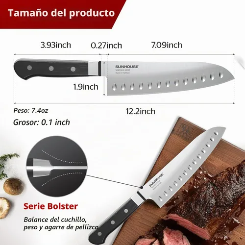 Vista 4 de Cuchillo Santoku Sunhouse de 7 pulgadas, acero inoxidable AUS-8 – Dureza superior de 59HRC, espiga completa, mango ergonómico, regalos perfectos