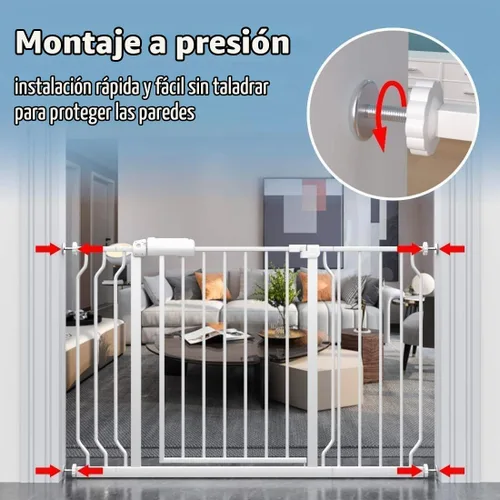Vista 5 de ALLAIBB - Puerta de seguridad extra ancha de montaje a presión para bebés, autocierre, de metal blanco para niños, perros y mascotas, con pasillo