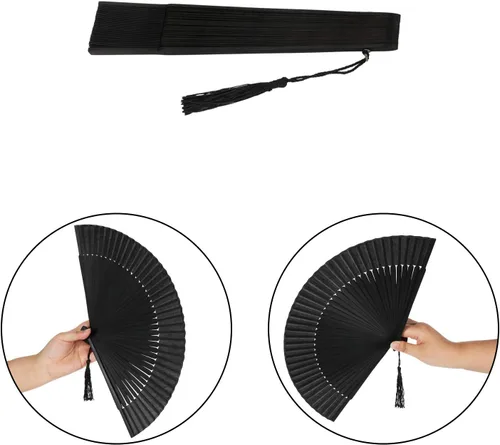 Vista 4 de Maitys 2 abanicos de mano plegables negros pequeños de 8.4 pulgadas, abanicos de mano plegables de seda de bambú con borla para baile de línea