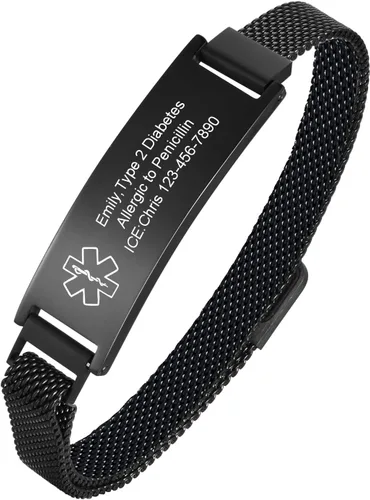 Vista 55 de VNOX Pulsera de identificación de alerta médica para hombres y mujeres, pulseras de alerta médica con grabado personalizado para mujeres y hombres