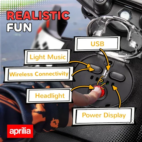 Vista 5 de Qaba 12V Niños Motocicleta Bicicleta Eléctrica Entrenamiento Ruedas LED Aprilia - Bicicleta eléctrica con licencia de resorte, USB, música, funciona