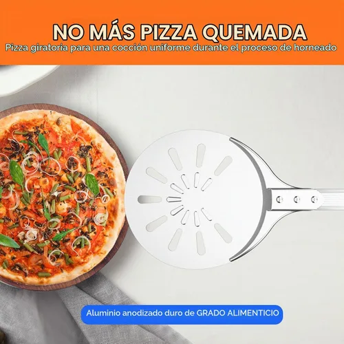 Vista 2 de Cáscara giratoria de pizza, 8 pulgadas, mango largo perforado de aluminio con gancho de silicona, accesorios para horno de pizza