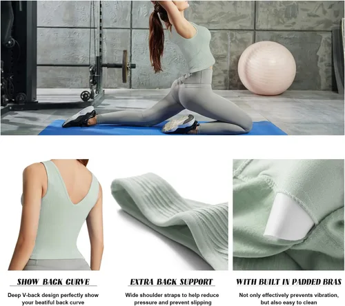 Vista 5 de AMRIY Camiseta corta de entrenamiento para mujer con sujetadores deportivos integrados, sin costuras, para gimnasio, yoga