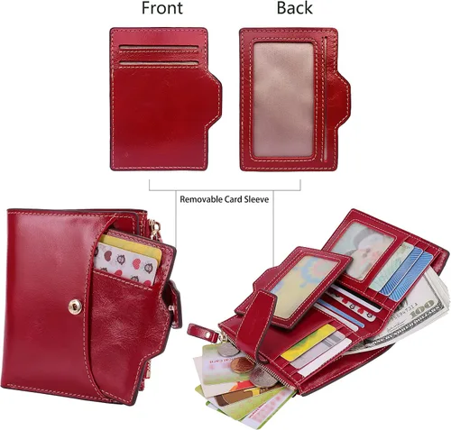 Vista 3 de AINIMOER - Cartera de piel con bloqueo RFID para mujer, tamaño pequeño, compacta, doble zíper, con ventana para identificación