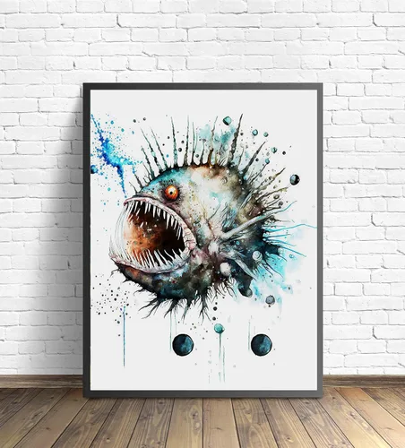 Vista 3 de WIldlife - Póster impreso de pez pescador, impresiones abstractas de animales de acuarela, obras de arte de naturaleza para sala de estar