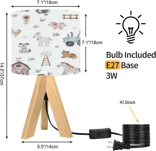 Vista 3 de Lámpara de mesa con trípode, acuarela, sin costuras, animales de granja, moderna, regulable, lámpara de escritorio, base de madera, pantalla de tela